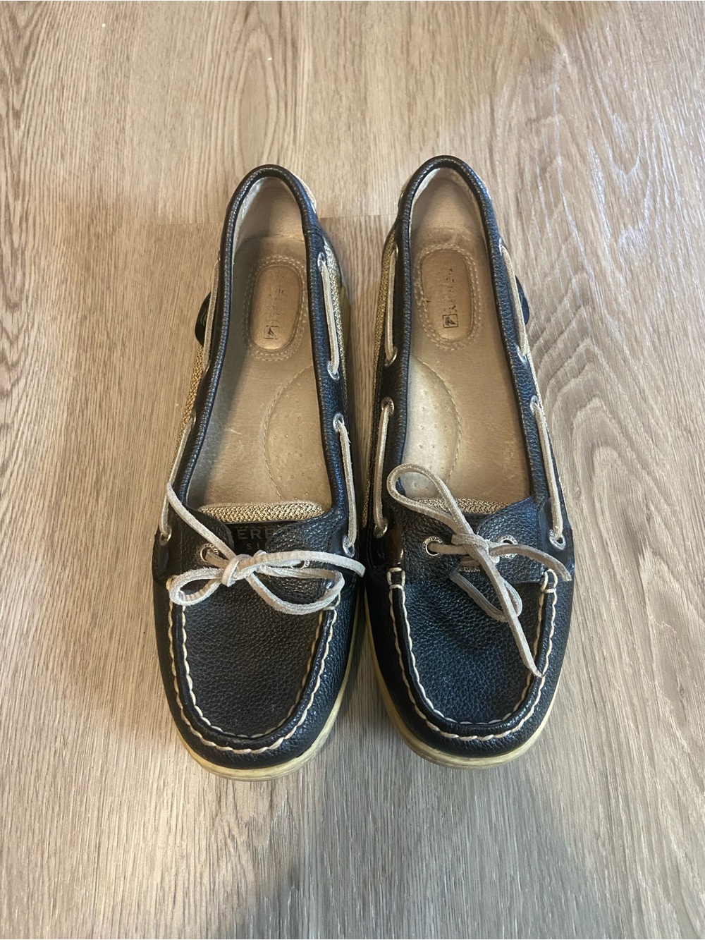 Sperry Black Leather Boat Loafers with Cream Laces